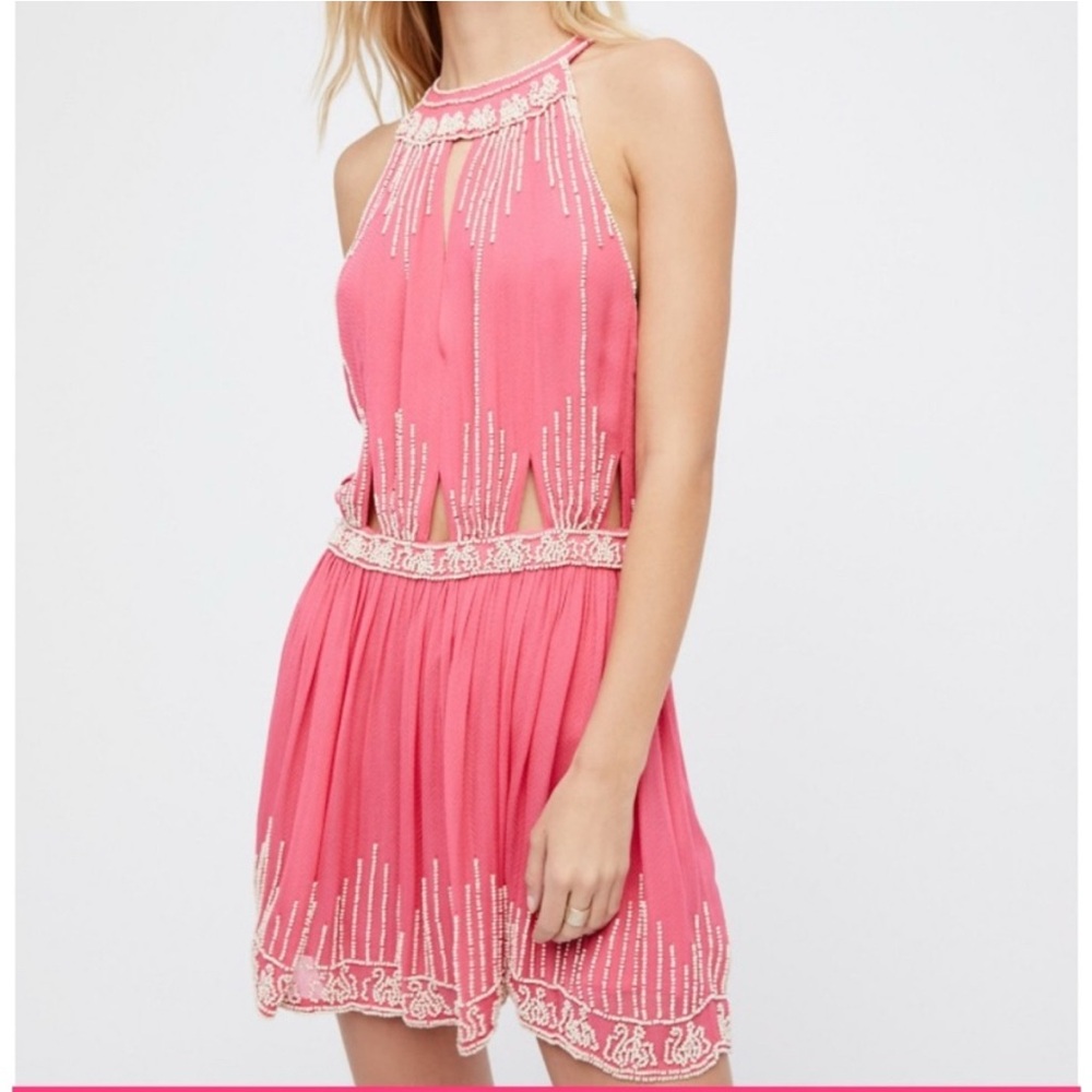 Free People Pink and Cream Beaded Halter Dress with Cutout